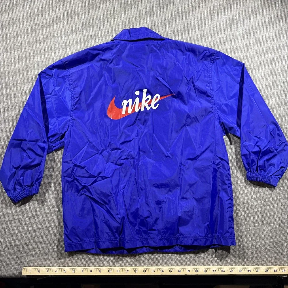 Vintage Nike Jacket Kids‎ Medium 10-12 Blue Nylon Swoosh Snap Windbreaker 90s